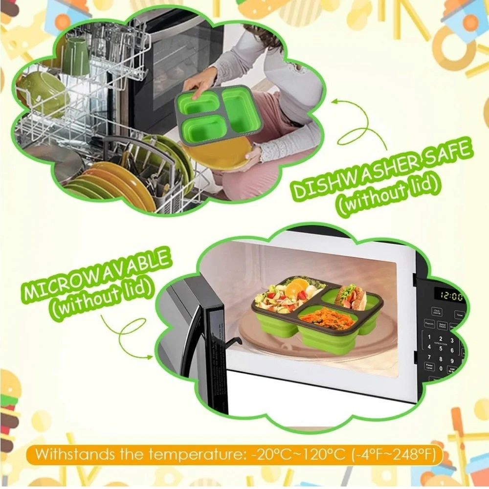 2 sets Eco one Silicone Bento Box, Lunch Box ,food storage with 3 Compartments